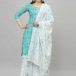 Turquoise Blue and white printed unstitched dress material