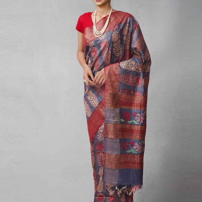 Maroon & Blue Work Pure Silk Tussar Saree