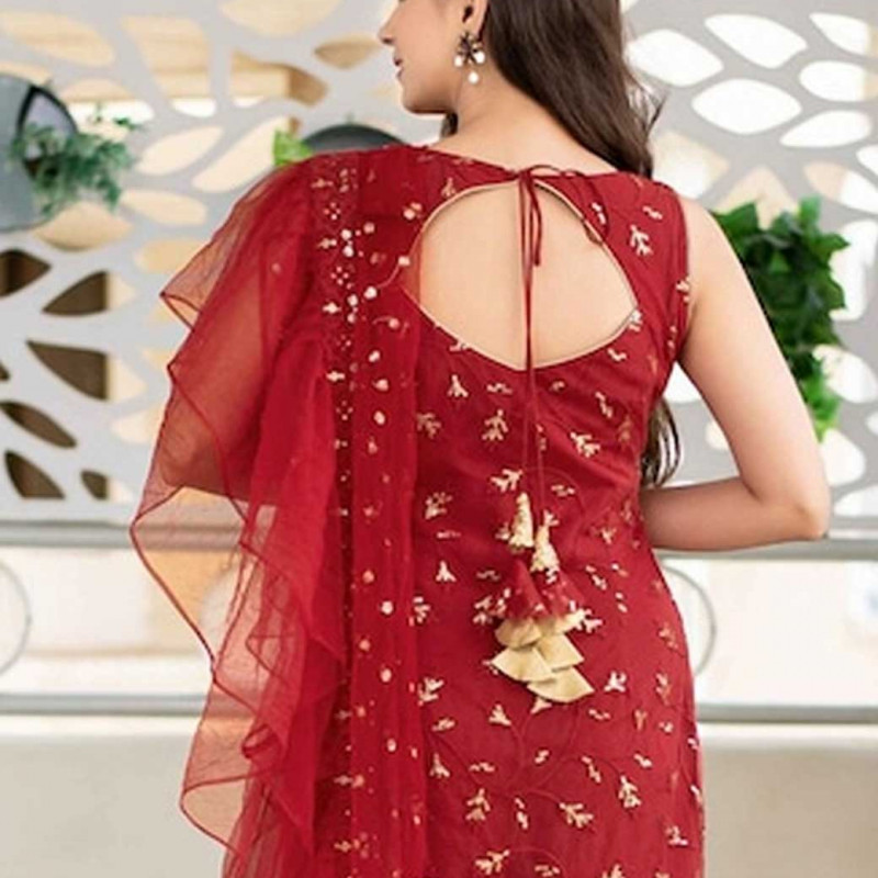 Blue and gold-toned embroidered semi-stitched dress material