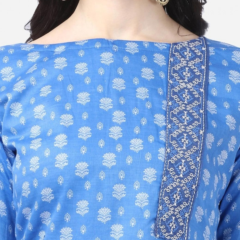 Blue and white printed unstitched dress material