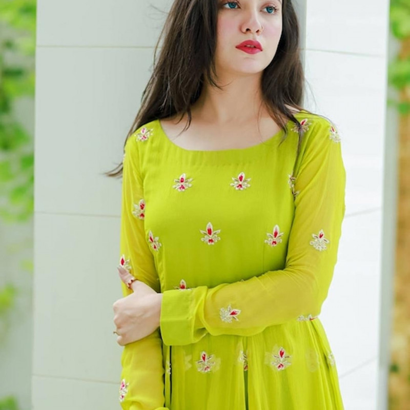 Green embroidered semi-stitched dress material