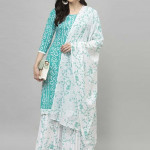 Turquoise Blue and white printed unstitched dress material