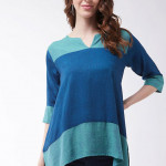 Blue regular a-line top Colour blocked V-neck tops